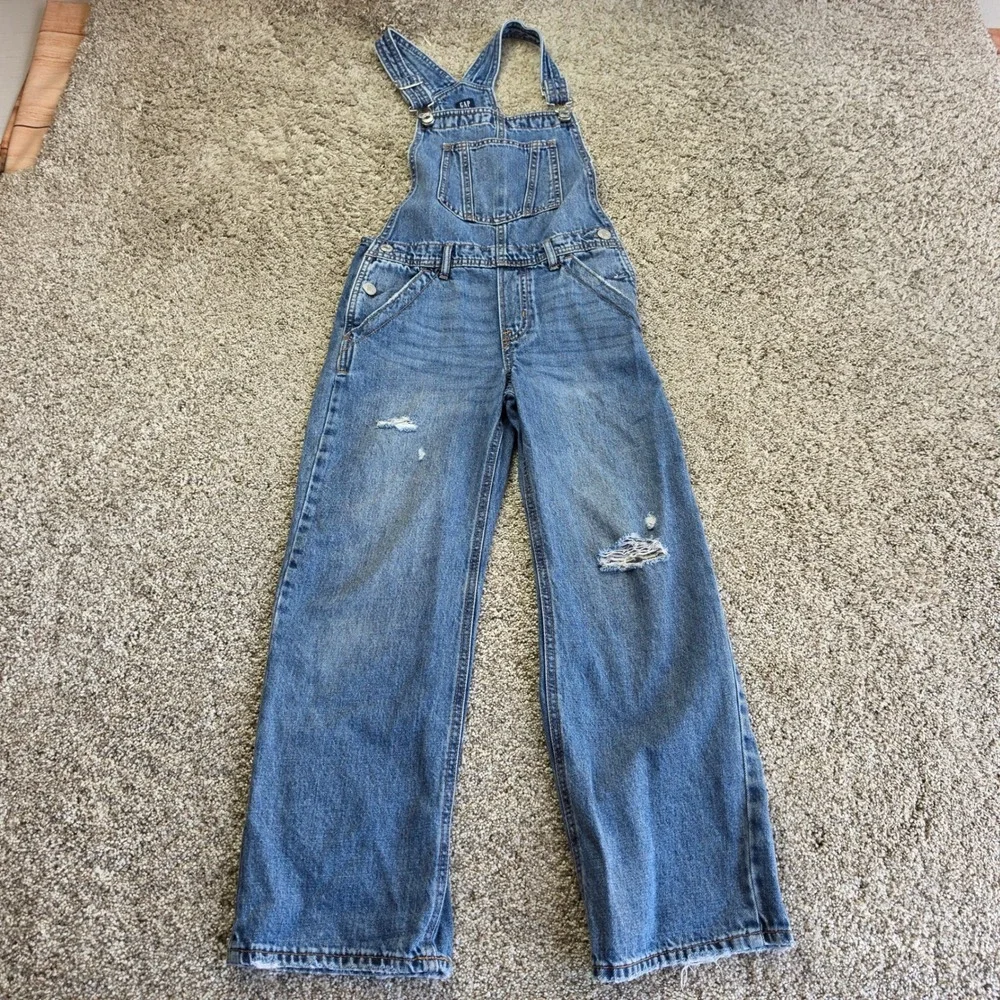 Gap Kids Overalls Girls Large Blue Distressed Wide Leg Denim Outdoor Y2K Kids